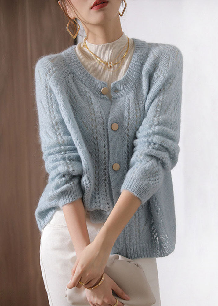 Plus Size Light Blue O-Neck Hollow Out Ma Hai Mao Knit Cardigan Spring