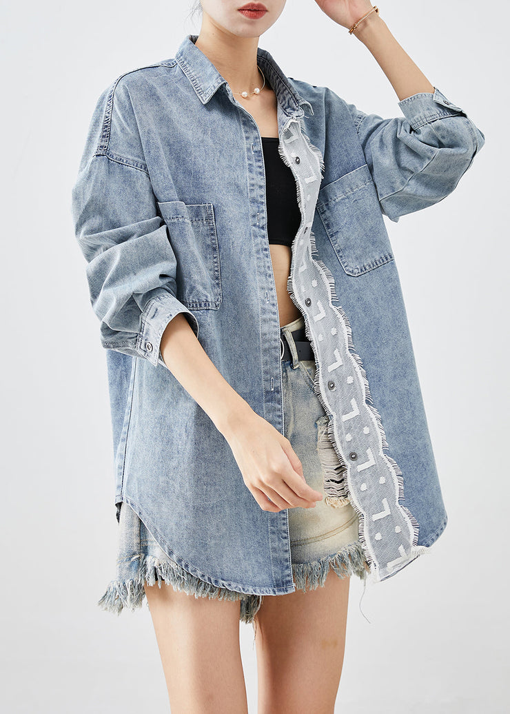 Plus Size Light Blue Oversized Patchwork Denim Coats Fall