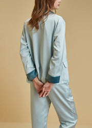 Plus Size Light Blue Peter Pan Collar Button Cozy Velour Pajamas Two Pieces Set Long Sleeve