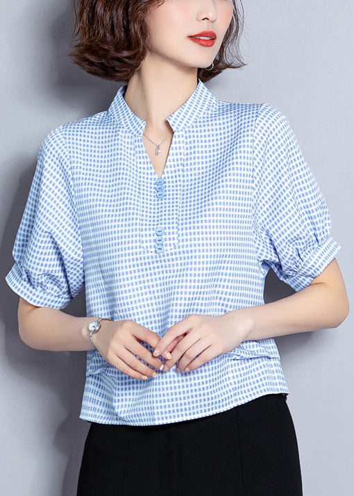 Plus Size Light Blue Plaid Button Chiffon Shirt Top Summer