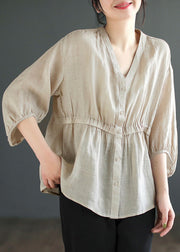 Plus Size Light Camel V Neck Button Linen Blouses Summer