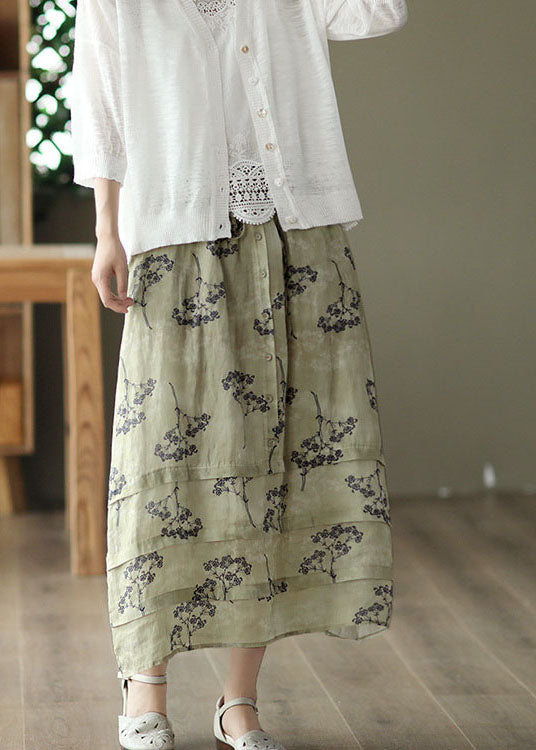 Plus Size Light Green High Waist Patchwork Print Linen Skirt Summer