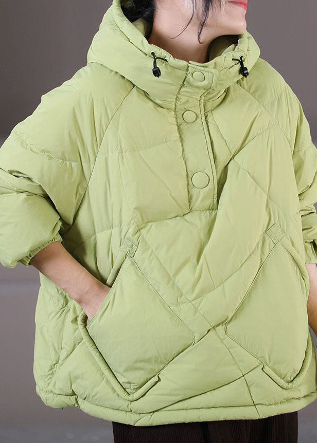 Plus Size Light Green Hooded Drawstring Cotton blend Pullover Jackets Winter