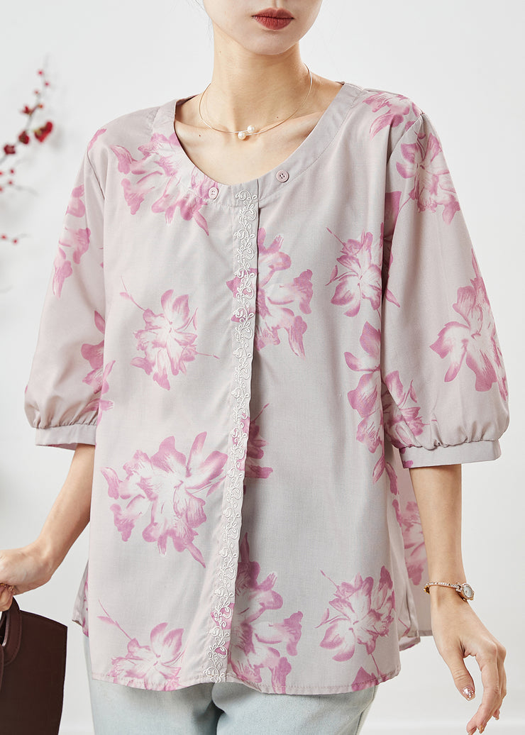 Plus Size Light Purple Embroidered Print Cotton Shirt Top Spring