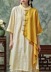 Plus Size Light Yellow Patchwork Button Maxi Dress Fall