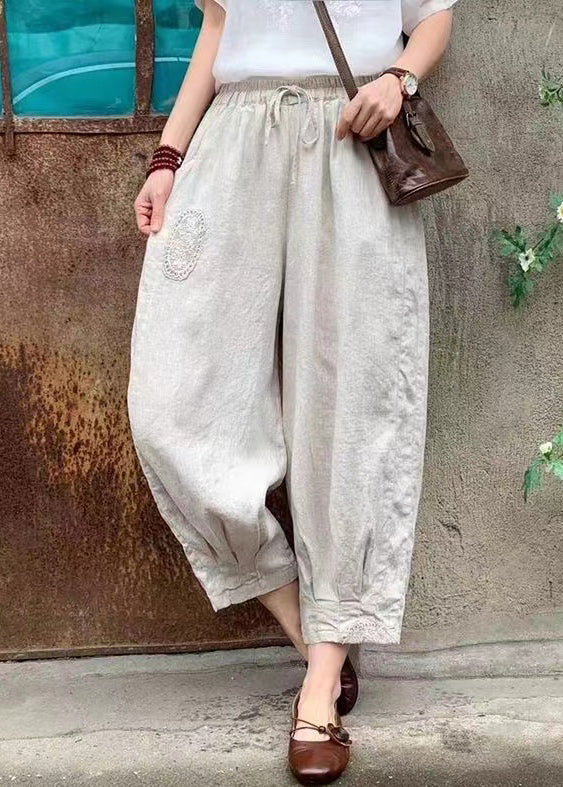 Plus Size Linen Lace Up Elastic Waist Linen Crop Pants Summer