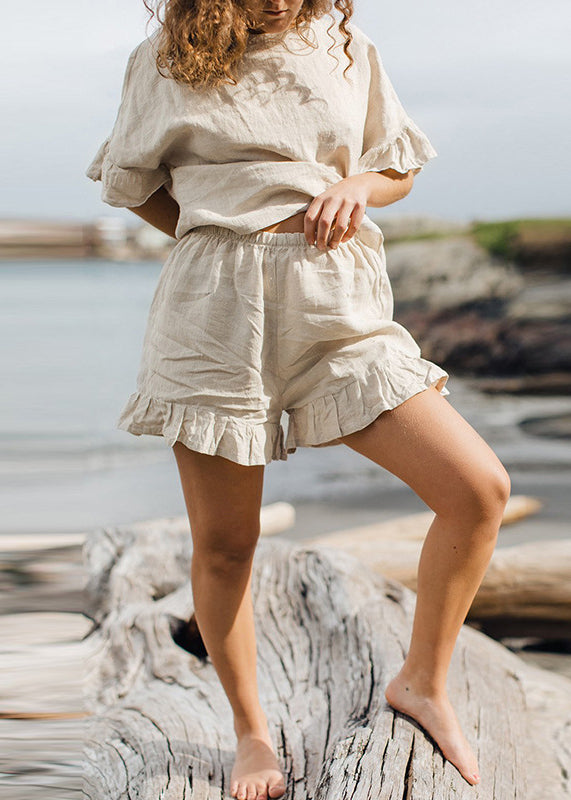 Plus Size Linen Ruffled Tops And Shorts Two Pieces Set Summer