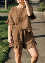 Plus Size Linen Ruffled Tops And Shorts Two Pieces Set Summer