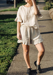 Plus Size Linen Ruffled Tops And Shorts Two Pieces Set Summer