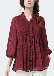 Plus Size Mulberry Ruffled Wrinkled Lace Shirt Tops Fall