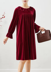 Plus Size Mulberry Ruffled Wrinkled Silk Velour Robe Dresses Fall