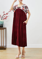 Plus Size Mulberry V Neck Patchwork Silk Velour Party Dress Short Sleeve