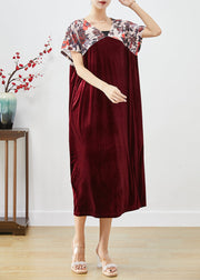 Plus Size Mulberry V Neck Patchwork Silk Velour Party Dress Short Sleeve