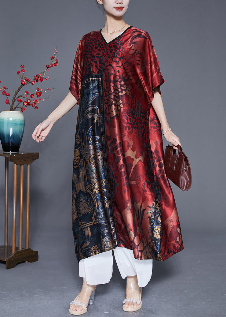 Plus Size Mulberry V Neck Print Silk Long Dress Summer