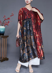 Plus Size Mulberry V Neck Print Silk Long Dress Summer