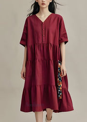 Plus Size Mulberry V Neck Wrinkled Patchwork Cotton Dresses Summer
