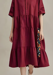 Plus Size Mulberry V Neck Wrinkled Patchwork Cotton Dresses Summer