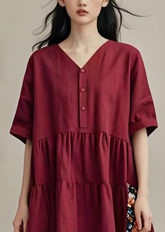 Plus Size Mulberry V Neck Wrinkled Patchwork Cotton Dresses Summer