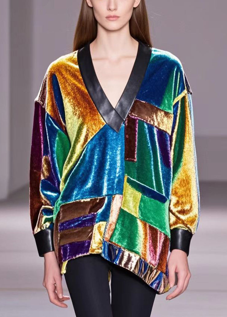 Plus Size Multicolour Asymmetrical Patchwork Silk Velour Shirts Fall