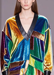 Plus Size Multicolour Asymmetrical Patchwork Silk Velour Shirts Fall