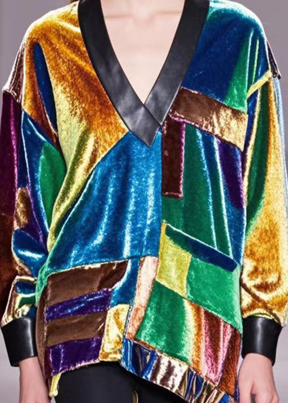 Plus Size Multicolour Asymmetrical Patchwork Silk Velour Shirts Spring