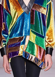 Plus Size Multicolour Asymmetrical Patchwork Silk Velour Shirts Spring