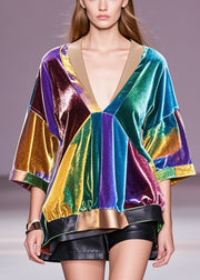 Plus Size Multicolour V Neck Patchwork Silk Velour Blouse Tops Fall