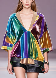 Plus Size Multicolour V Neck Patchwork Silk Velour Blouse Tops Spring