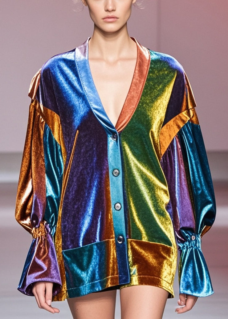 Plus Size Multicolour V Neck Patchwork Silk Velvet Coats Fall