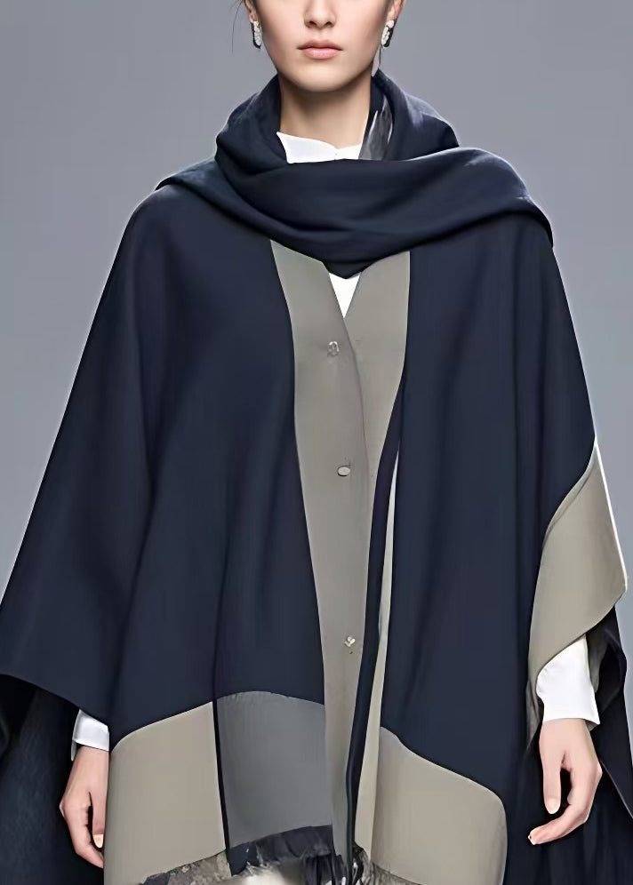 Plus Size Navy Asymmetrical Button Patchwork Cape Coat Fall