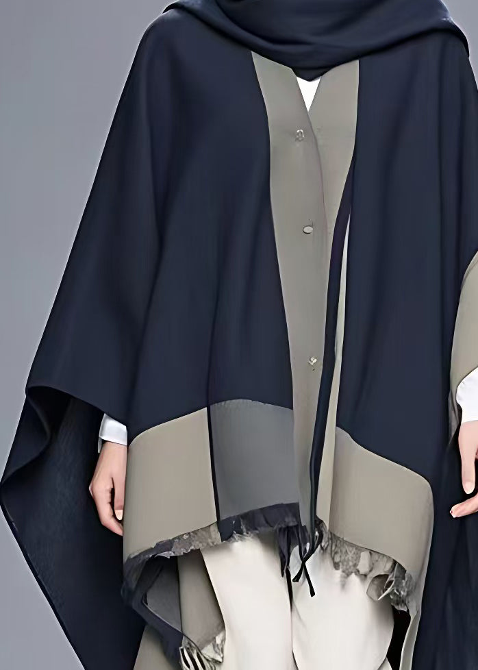 Plus Size Navy Asymmetrical Button Patchwork Cape Coat Fall