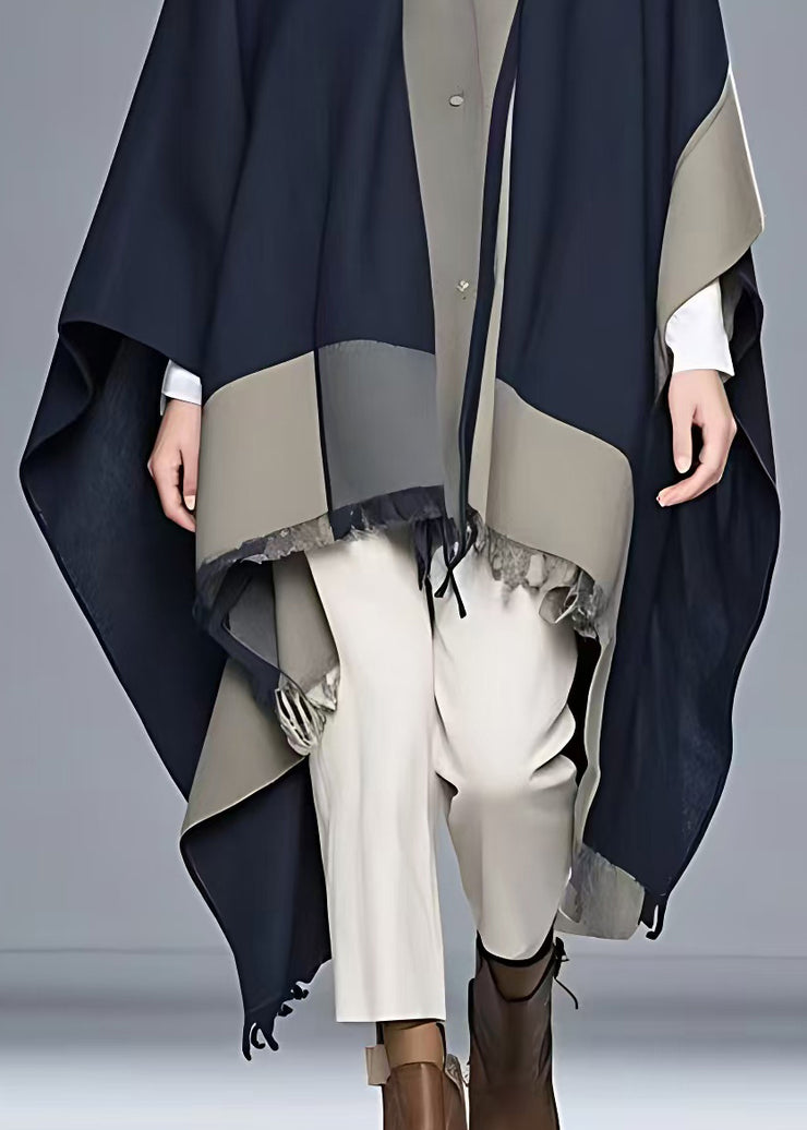 Plus Size Navy Asymmetrical Button Patchwork Cape Coat Fall