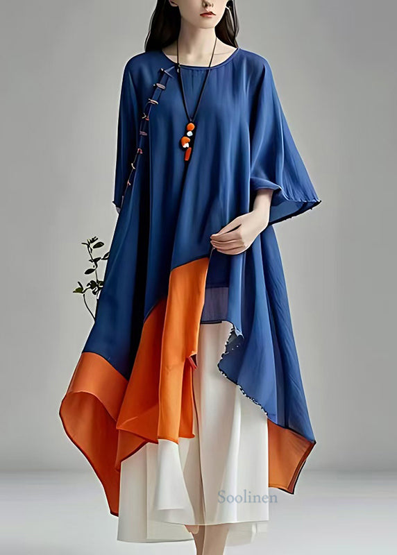 Plus Size Navy Asymmetrical Patchwork Cotton Dress Summer