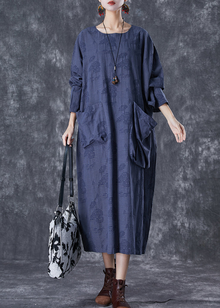 Plus Size Navy Asymmetrical Pockets Striped Linen Gown Dresses Fall