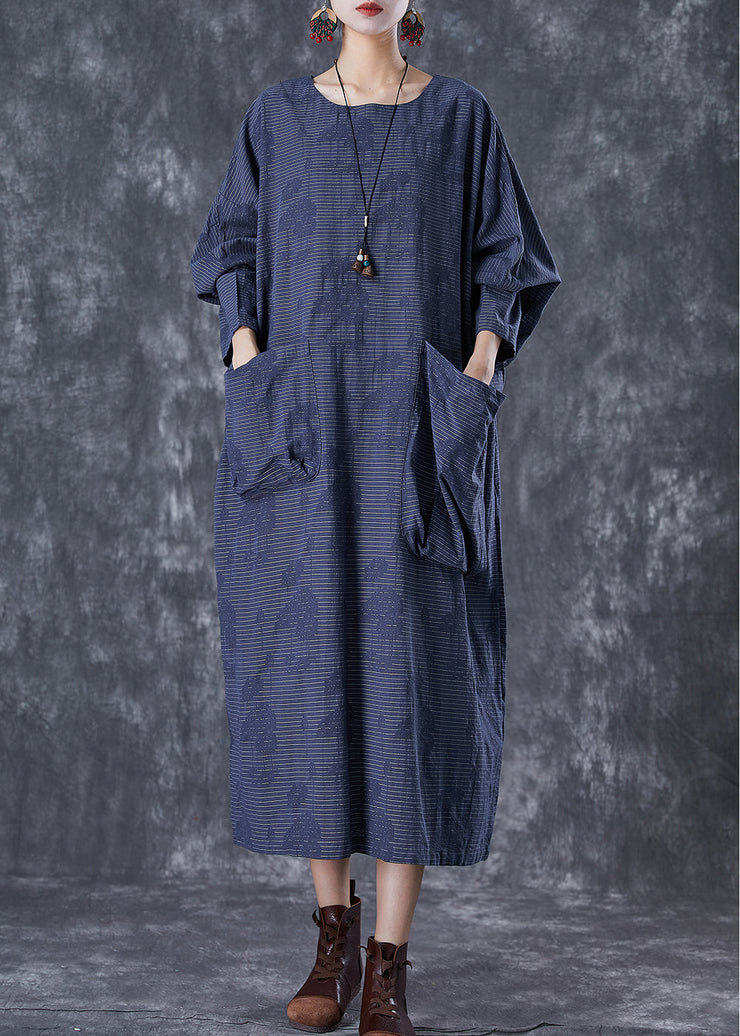 Plus Size Navy Asymmetrical Pockets Striped Linen Gown Dresses Fall