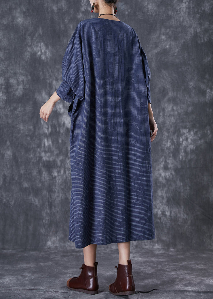 Plus Size Navy Asymmetrical Pockets Striped Linen Gown Dresses Fall