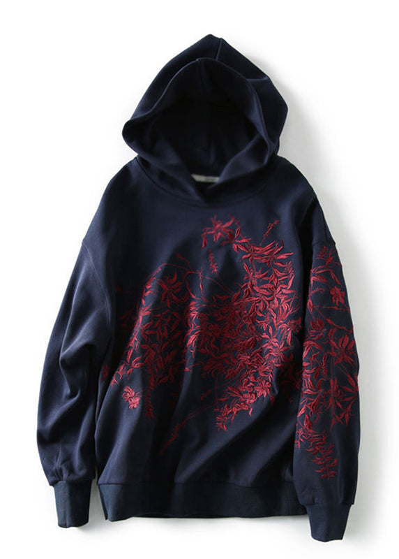 Plus Size Navy Blue Embroideried Hooded Coats Long Sleeve