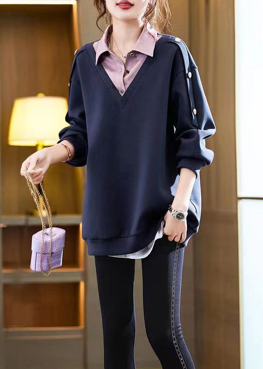 Plus Size Navy Button Patchwork False Two Pieces Cotton Top Long Sleeve