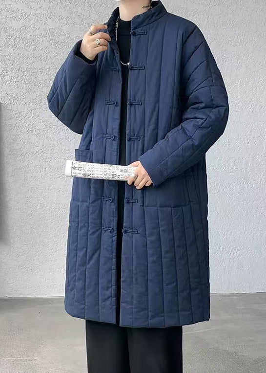 Plus Size Navy Chinese Button Pockets Men Parka Winter