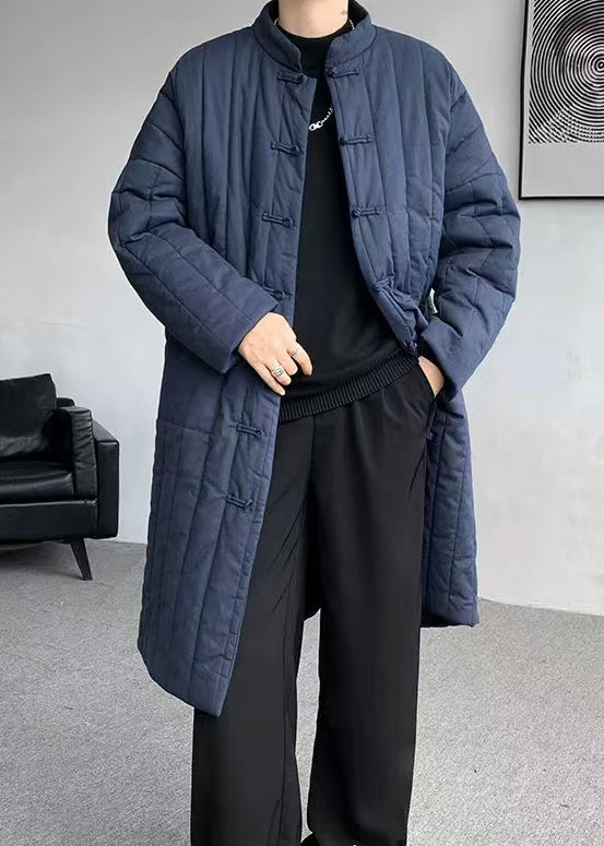 Plus Size Navy Chinese Button Pockets Men Parka Winter