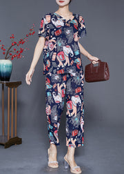 Plus Size Navy Elephant Print Chiffon Women Sets 2 Pieces Summer