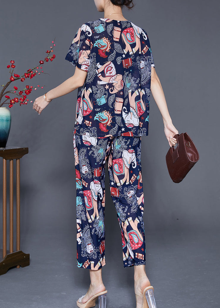 Plus Size Navy Elephant Print Chiffon Women Sets 2 Pieces Summer