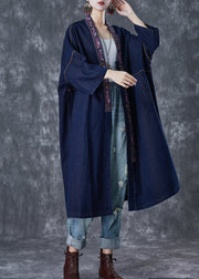 Plus Size Navy Embroidered Chinese Button Denim Trench Fall