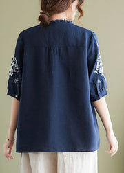 Plus Size Navy Embroideried Patchwork Wrinkled Linen Shirts Summer