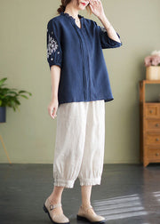 Plus Size Navy Embroideried Patchwork Wrinkled Linen Shirts Summer