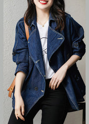 Plus Size Navy Notched Button Patchwork Denim Coats Fall