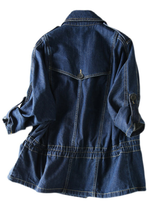 Plus Size Navy Notched Button Patchwork Denim Coats Fall