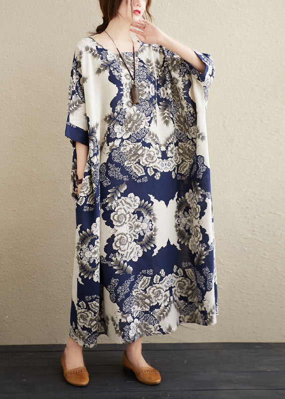 Plus Size Navy O-Neck Print Cotton Maxi Dresses Caftan Short Sleeve