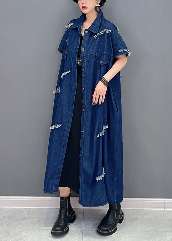 Plus Size Navy Oversized Cotton Ripped Denim Coat Outwear Short Sleeve