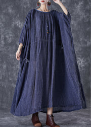 Plus Size Navy Oversized Drawstring Linen Long Smock Dresses Fall